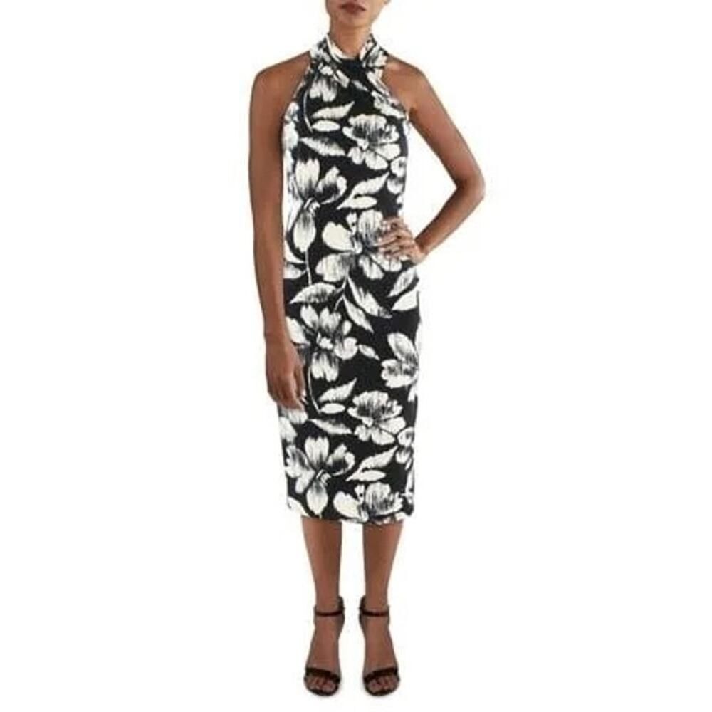 Rachel Roy Black Bouquet Fitted Dress Medium